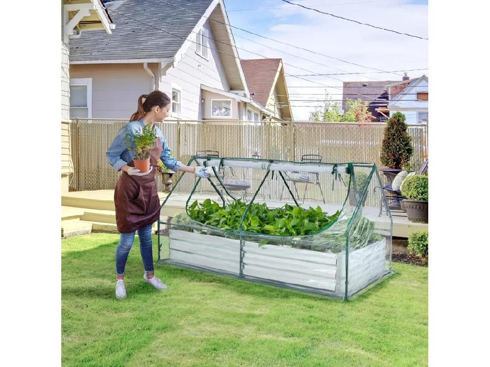Vente Unique 2 En 1 Lit Surélevé De Jardin Avec Serre 2 Fenêtres Enroulables à 2 Niveaux Chaud Et Aéré Galvanisé 180 X 90 X 91 Cm