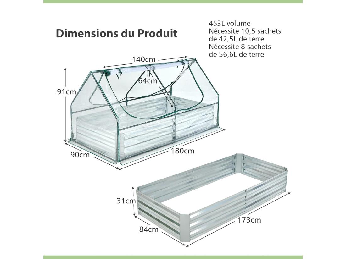 Vente Unique 2 En 1 Lit Surélevé De Jardin Avec Serre 2 Fenêtres Enroulables à 2 Niveaux Chaud Et Aéré Galvanisé 180 X 90 X 91 Cm