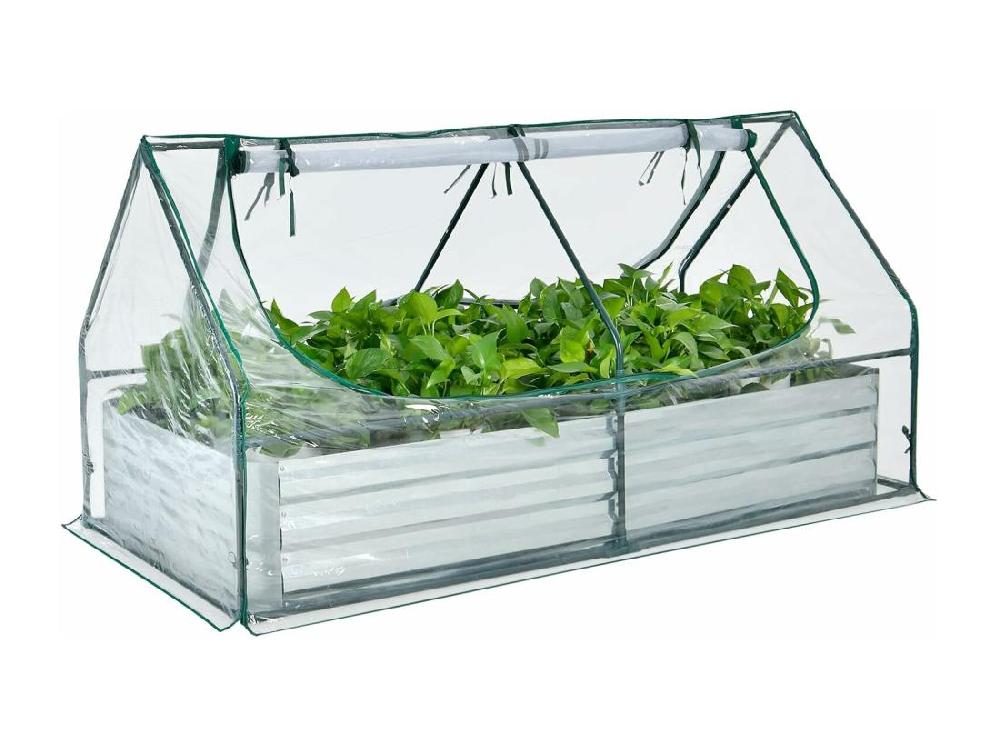 vente unique 2 en 1 Lit Surélevé de Jardin avec Serre 2 Fenêtres Enroulables à 2 Niveaux Chaud et Aéré Galvanisé 180 x 90 x 91 cm