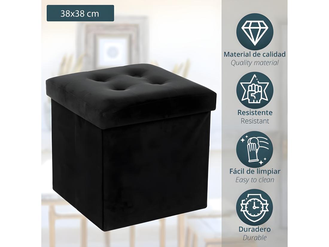 Vente Unique 2 En 1 Pouf Pliant Et Coffre De Rangement Velours Noir 38 X 38 Cm
