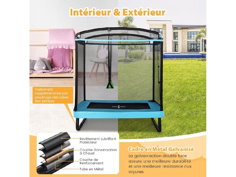 Vente Unique 2 En 1 Trampoline Extérieur Enfants Rectangulair (190x122cm) Avec Balançoire Amovible Trampoline De Jardin Avec Filet De Sécurité Charge Max 100kg Pour Garçon Et Fille De 3 Ans+ (Bleu)