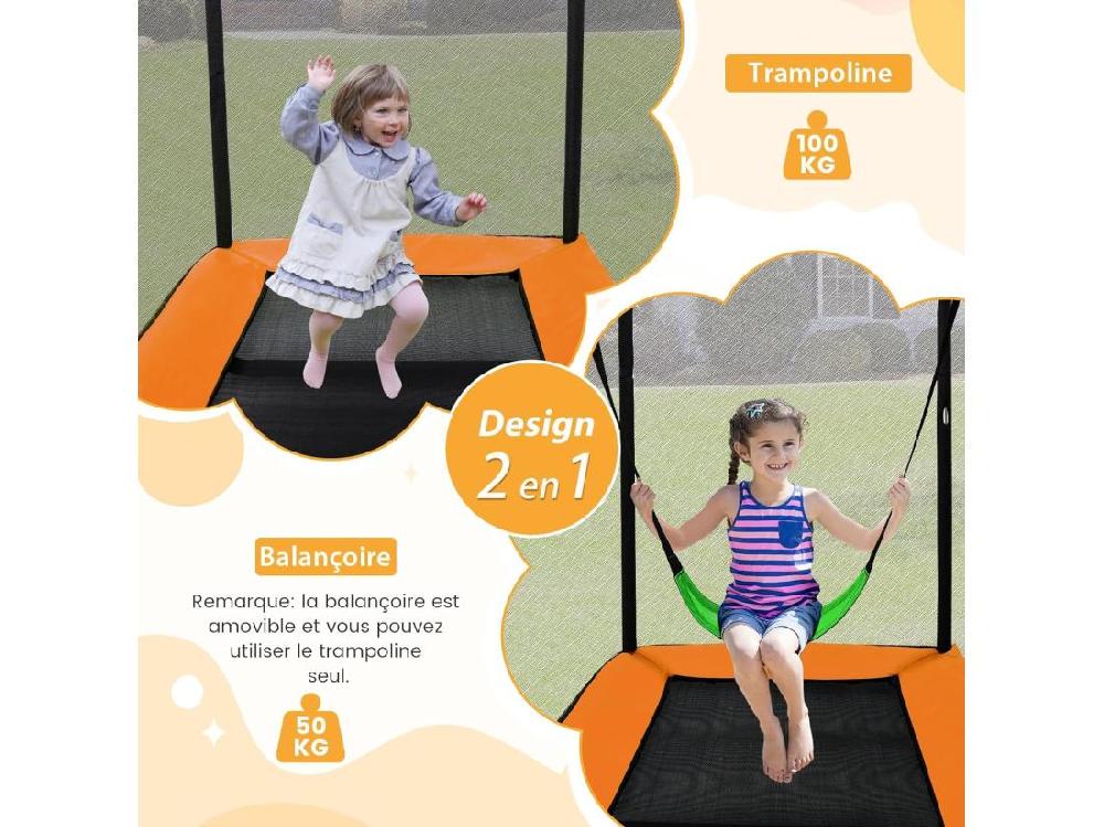 Vente Unique 2 En 1 Trampoline Extérieur Enfants Rectangulair (190x122cm) Avec Balançoire Amovible Trampoline De Jardin Avec Filet De Sécurité Charge Max 100kg Pour Garçon Et Fille De 3 Ans+ (Orange)