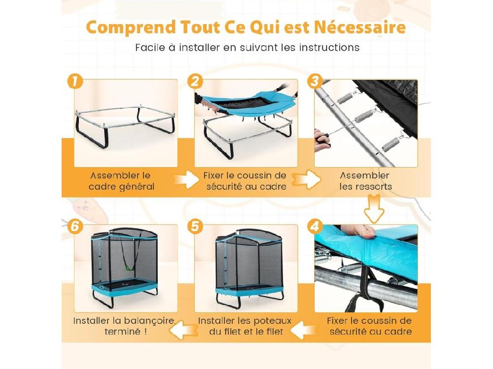 vente unique 2 en 1 Trampoline Extérieur Enfants Rectangulair (190x122cm) avec Balançoire Amovible Trampoline de Jardin avec Filet de Sécurité Charge Max 100kg pour Garçon et Fille de 3 Ans+ (Bleu)