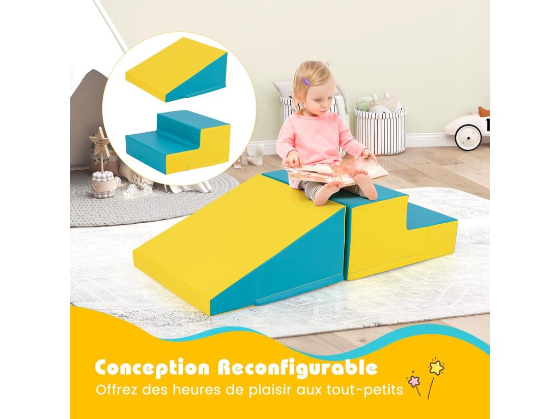 Vente Unique 2PCS Parcours Motricité Bébé En Mousse Avec Housse Amovible En PU Module Motricité Bébé Avec Marche & Toboggan Jouets Éducatifs Pour Ramper Grimper (Jaune+Vert)