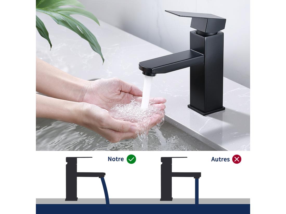 Vente Unique 2x Robinet Salle Bain Noir Acier Inoxidable Avec Poignée Carrée Mitigeur Lavabo Eau Froide Chaude Disponible Robinetterie Lave Mains Démontable