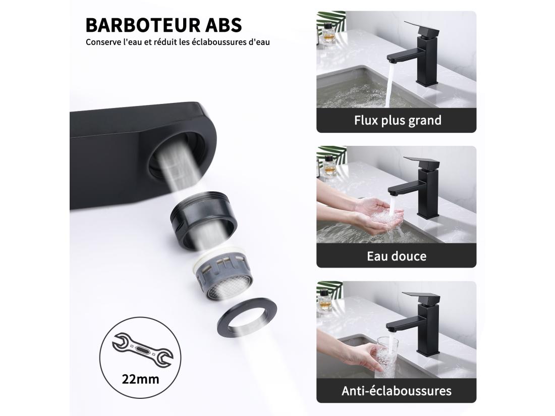 vente unique 2x Robinet Salle Bain Noir acier inoxidable avec Poignée Carrée Mitigeur lavabo Eau Froide Chaude Disponible Robinetterie Lave Mains Démontable