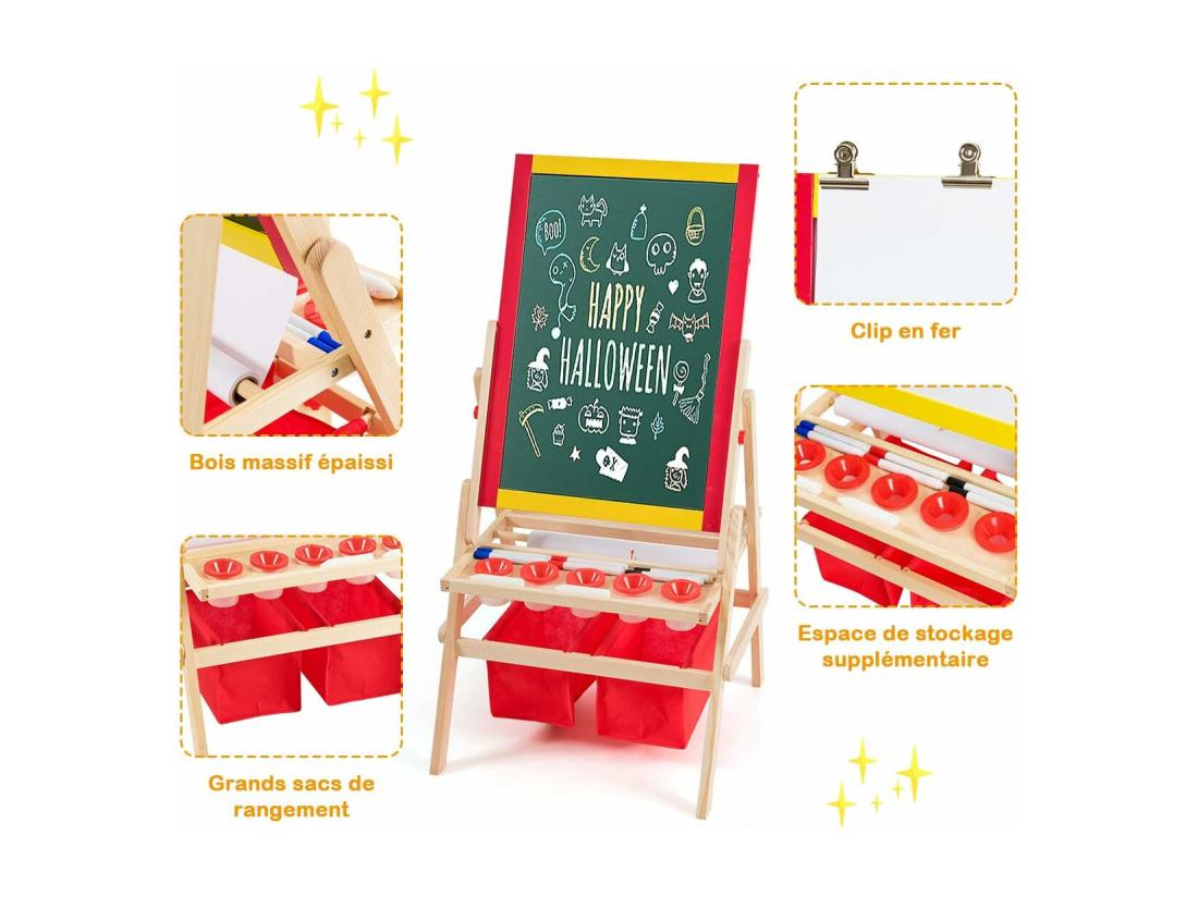Vente Unique 3 En 1 Chevalet Pour Enfants En Bois De Pin Tableau Magnétique Double Face Accessoires Complets 52 5 X 51 5 X 106 5 Cm