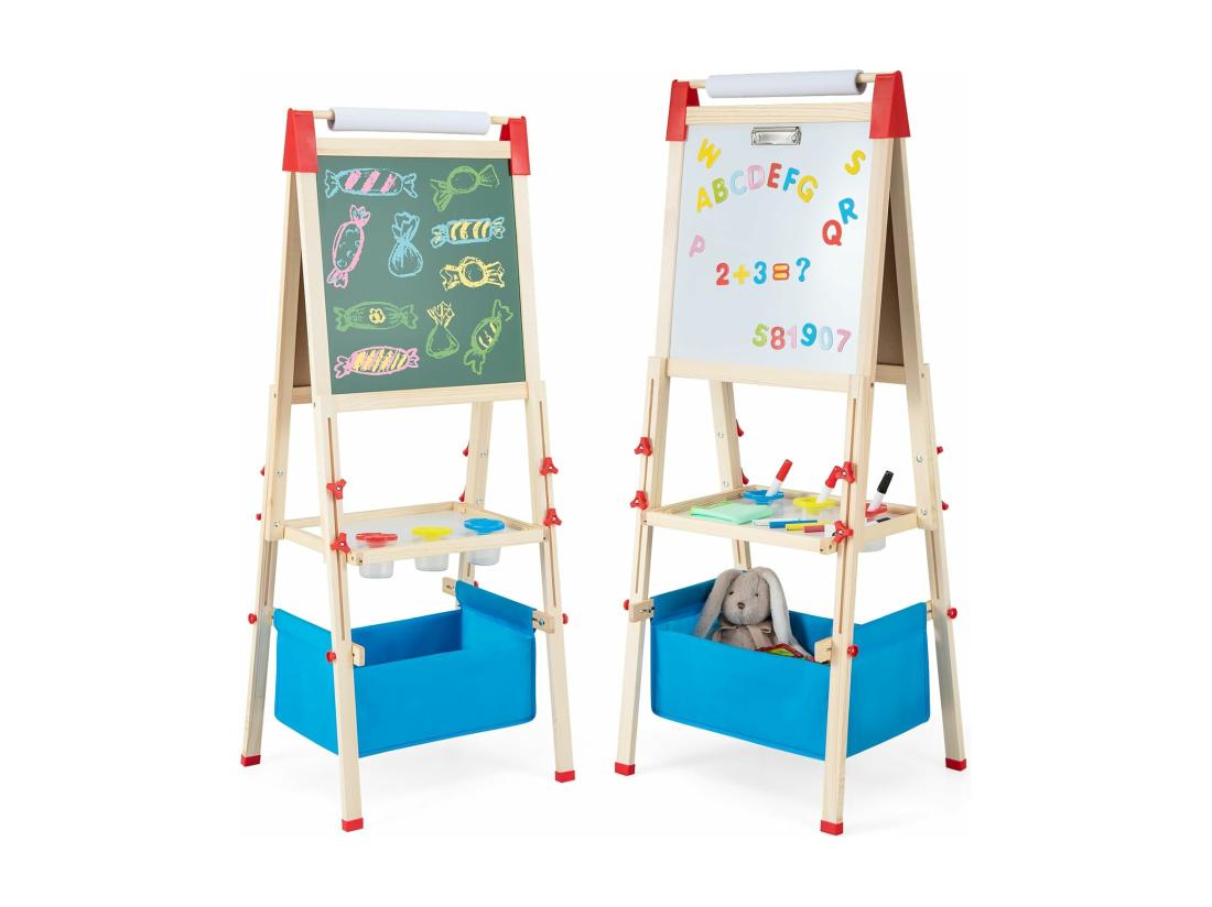 Vente Unique 3 En 1 Tableau Enfant Double Face En Bois Avec Rouleau De Papier & 60 Accessoires Chevalet Magnétique Avec Hauteur Réglable Plateau & Sac De Rangement Pour Enfants De 3-8 Ans
