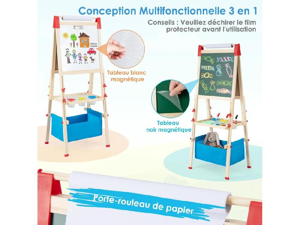 Vente Unique 3 En 1 Tableau Enfant Double Face En Bois Avec Rouleau De Papier & 60 Accessoires Chevalet Magnétique Avec Hauteur Réglable Plateau & Sac De Rangement Pour Enfants De 3-8 Ans
