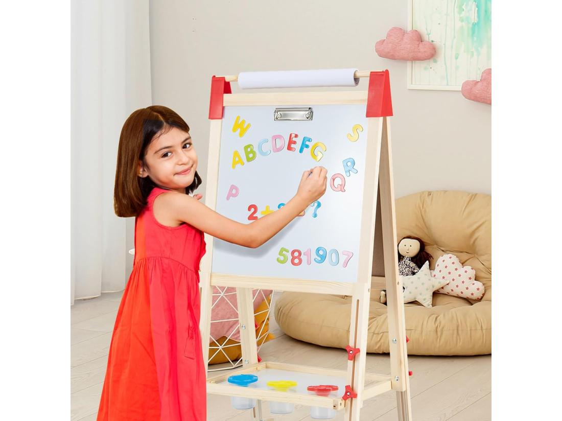 Vente Unique 3 En 1 Tableau Enfant Double Face En Bois Avec Rouleau De Papier & 60 Accessoires Chevalet Magnétique Avec Hauteur Réglable Plateau & Sac De Rangement Pour Enfants De 3-8 Ans
