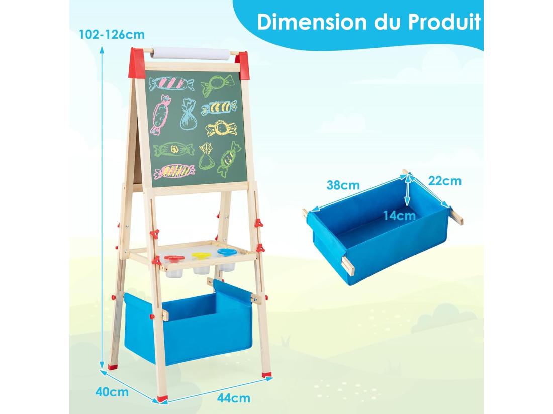 vente unique 3 en 1 Tableau Enfant Double Face en Bois avec Rouleau de Papier & 60 Accessoires Chevalet Magnétique avec Hauteur Réglable Plateau & Sac de Rangement pour Enfants de 3-8 Ans