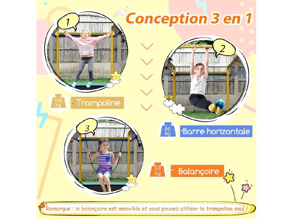 Vente Unique 3 En 1 Trampoline Extérieur Enfants Rectangulair (190x124cm) Avec Balançoire & Barre Horizontale Trampoline De Jardin Avec Filet De Sécurité Charge Max 110kg Jaune