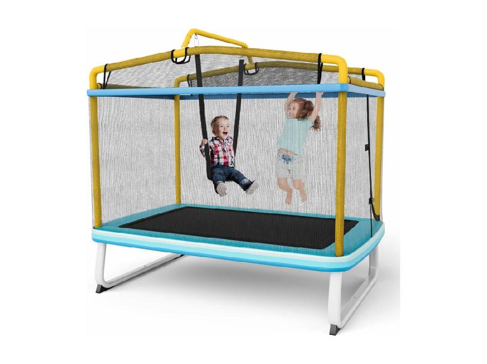 vente unique 3 en 1 Trampoline Extérieur Enfants Rectangulair (190x124cm) avec Balançoire & Barre Horizontale Trampoline de Jardin avec Filet de Sécurité Charge Max 110kg Jaune