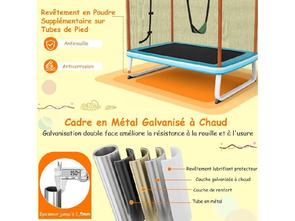 Vente Unique 3 En 1 Trampoline Extérieur Enfants Rectangulaire (190x124cm) Avec Balançoire & Barre Horizontale Trampoline De Jardin Avec Filet De Sécurité Charge Max 110kg Pour Garçon Et Fille