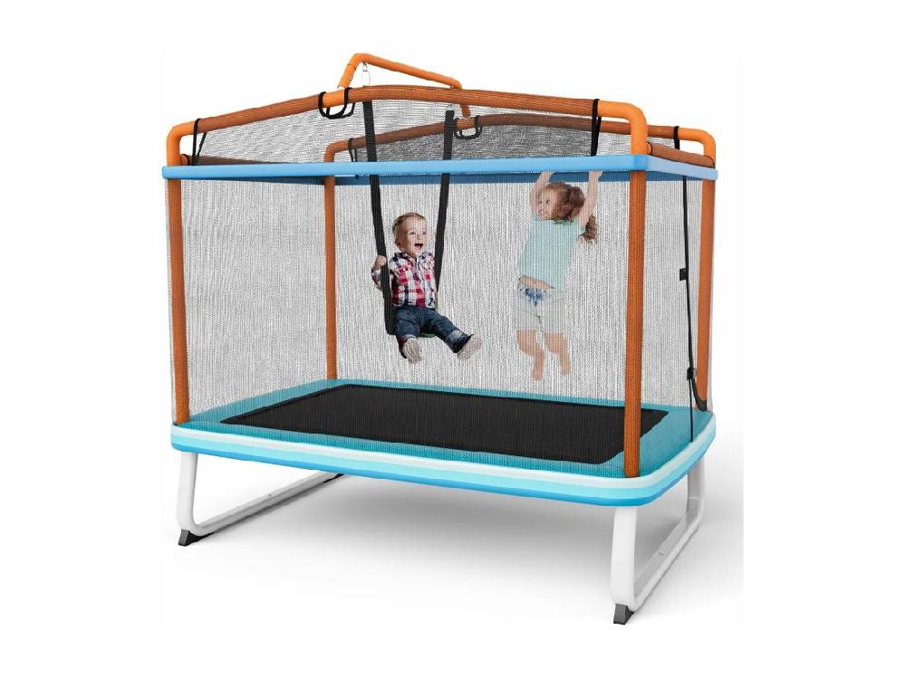 vente unique 3 en 1 Trampoline Extérieur Enfants Rectangulaire (190x124cm) avec Balançoire & Barre Horizontale Trampoline de Jardin avec Filet de Sécurité Charge Max 110kg pour Garçon et Fille