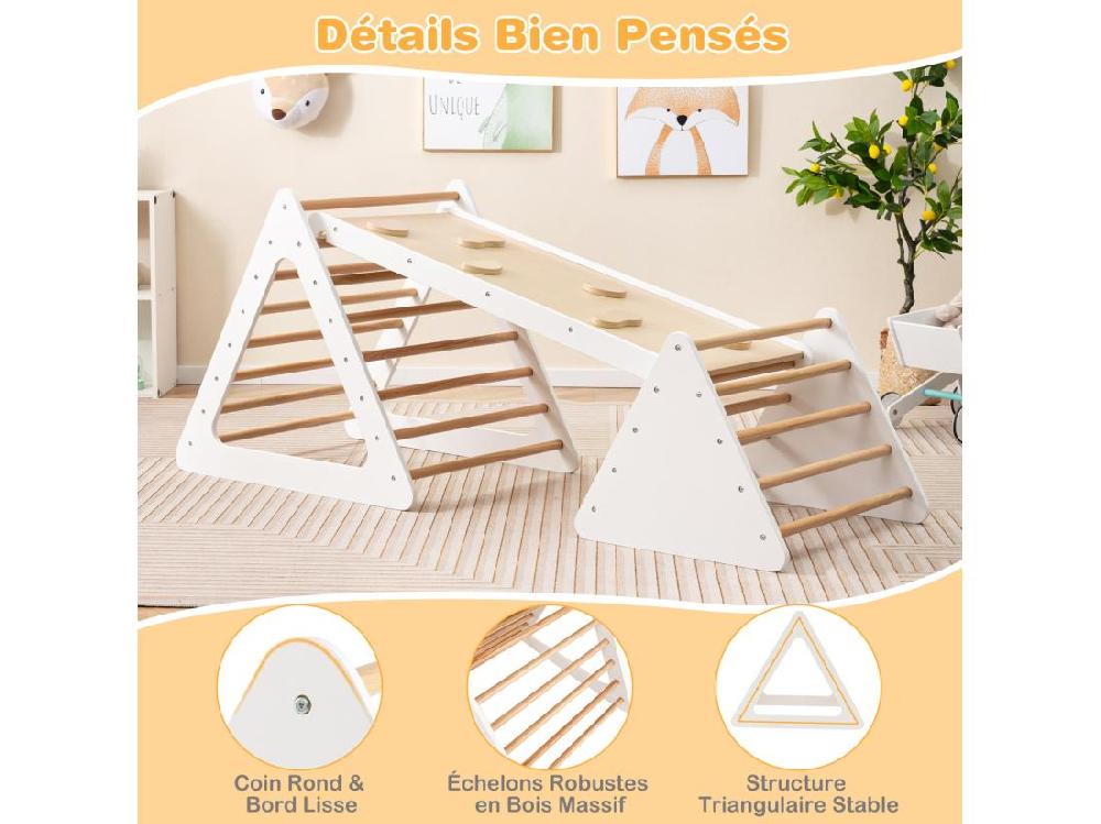 Vente Unique 3 En 1 Triangle D'escalade Enfants Avec Rampe 2 Échelle D'escalade Triangle En Bois Pour Glisser Et Grimper Charge Max 60KG Utilisation Intérieur Extérieur Pour Enfants De 3 Ans+ Blanc
