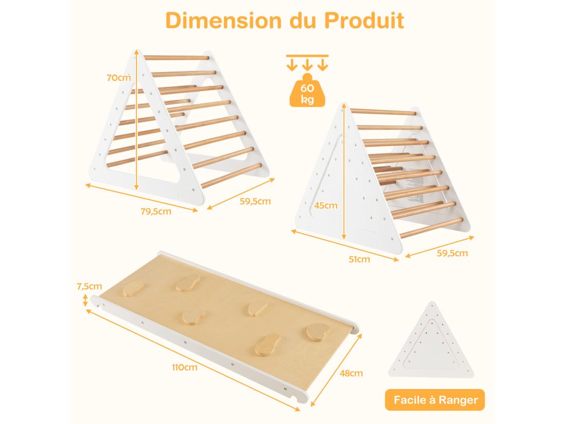 Vente Unique 3 En 1 Triangle D'escalade Enfants Avec Rampe 2 Échelle D'escalade Triangle En Bois Pour Glisser Et Grimper Charge Max 60KG Utilisation Intérieur Extérieur Pour Enfants De 3 Ans+ Blanc