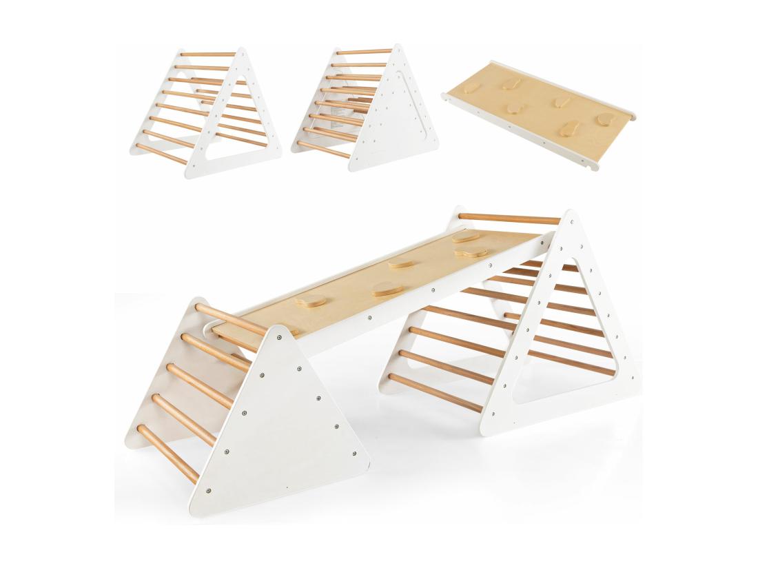 Vente Unique 3 En 1 Triangle D'escalade Enfants Avec Rampe 2 Échelle D'escalade Triangle En Bois Pour Glisser Et Grimper Charge Max 60KG Utilisation Intérieur Extérieur Pour Enfants De 3 Ans+ Blanc