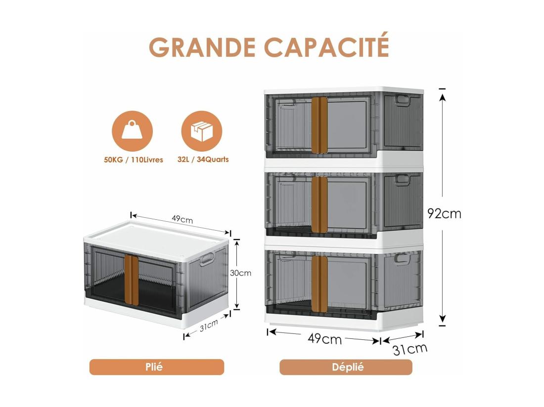 vente unique 3pcs Boite de Rangement à Roulettes 32L - Caisses de Rangement Transparente - Pliable Empilable Pour Vetements Jouets Livres