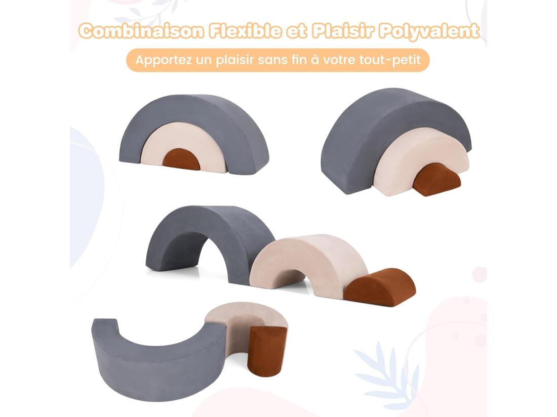 Vente Unique 3PCS Parcours Motricité Bébé En Forme Arc-en-Ciel Avec Housse Module Motricité Bébé Avec Combinaison Libre Jouets Éducatifs Montessori 18 Mois+ (Gris)