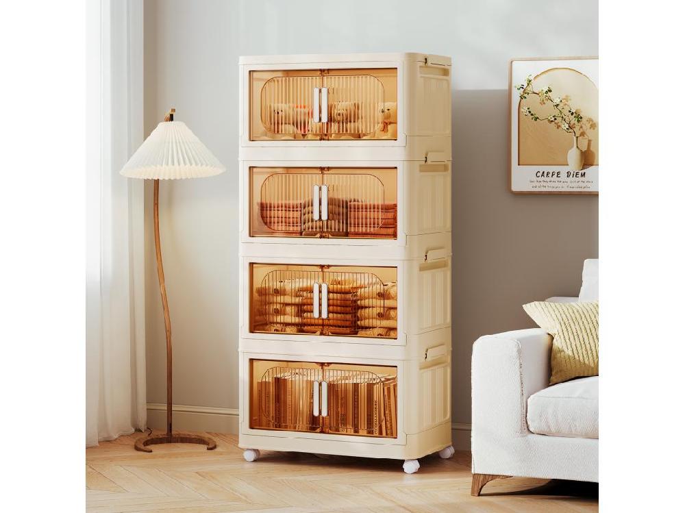 Vente Unique 4 Boîte Rangement Plastique Caisses De Rangement Pliables Transparente Avec 4 Roulettes Et Couvercles - 50x30x104CM