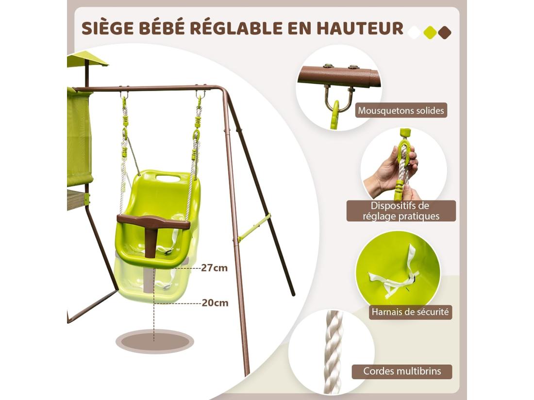 Vente Unique 4 En 1 Aire De Jeux Portique En Bois Avec Toboggan & Siège Bébé Réglable Tour D'escalade Enfants Avec Cabane Couverte & Échelle Cadre En Métal Pour Jardin Pour Enfants De 3-7 Ans