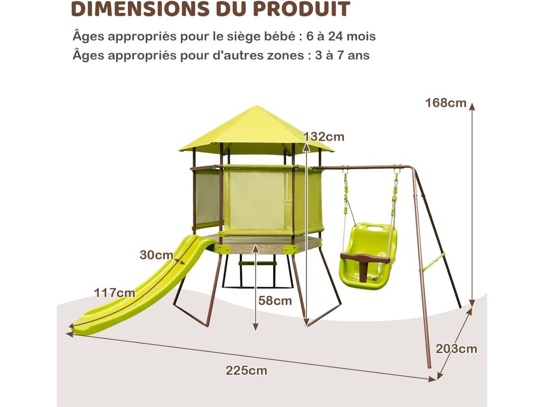 Vente Unique 4 En 1 Aire De Jeux Portique En Bois Avec Toboggan & Siège Bébé Réglable Tour D'escalade Enfants Avec Cabane Couverte & Échelle Cadre En Métal Pour Jardin Pour Enfants De 3-7 Ans