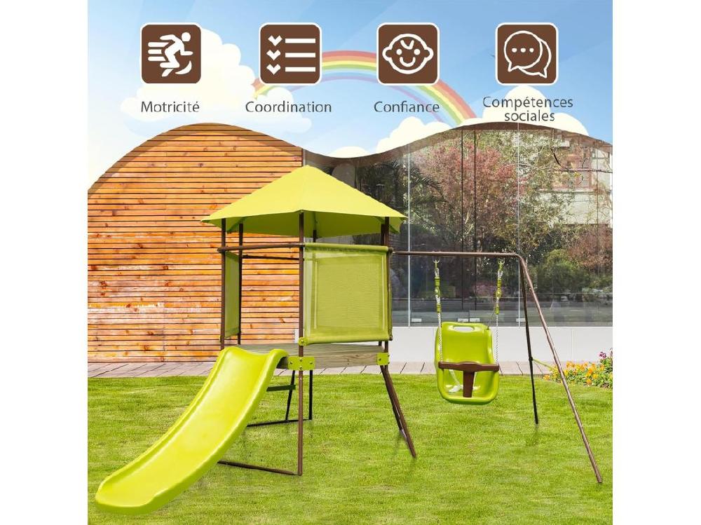 Vente Unique 4 En 1 Aire De Jeux Portique En Bois Avec Toboggan & Siège Bébé Réglable Tour D'escalade Enfants Avec Cabane Couverte & Échelle Cadre En Métal Pour Jardin Pour Enfants De 3-7 Ans