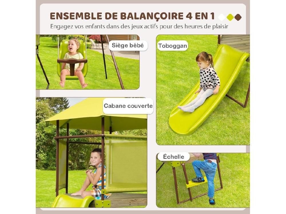 vente unique 4 en 1 Aire de Jeux Portique en Bois avec Toboggan & Siège Bébé Réglable Tour d'escalade Enfants avec Cabane Couverte & Échelle Cadre en Métal pour Jardin pour Enfants de 3-7 Ans