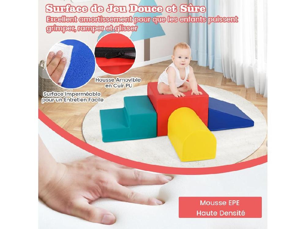 Vente Unique 4 PCS Parcours Motricité Bébé En Mousse Avec Housse Amovible Module Motricité Bébé Avec Toboggan & Différentes Formes Jouets Éducatifs Colorée (Rouge+Bleu)
