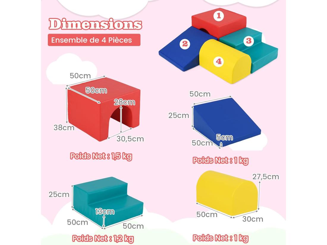 Vente Unique 4 PCS Parcours Motricité Bébé En Mousse Avec Housse Amovible Module Motricité Bébé Avec Toboggan & Différentes Formes Jouets Éducatifs Colorée (Rouge+Bleu)