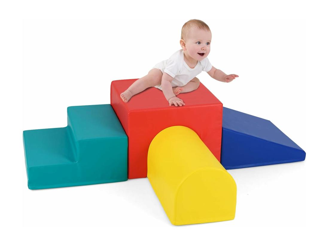 vente unique 4 PCS Parcours Motricité Bébé en Mousse avec Housse Amovible Module Motricité Bébé avec Toboggan & Différentes Formes Jouets Éducatifs Colorée (Rouge+Bleu)
