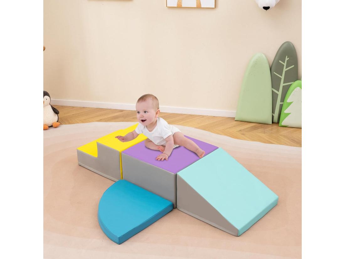 Vente Unique 4PCS Parcours Motricité Bébé En Mousse EPE Housse En PU Module Motricité Bébé Avec Toboggan & Différentes Formes Pour Enfants D'Âge Préscolaire Bleu+jaune