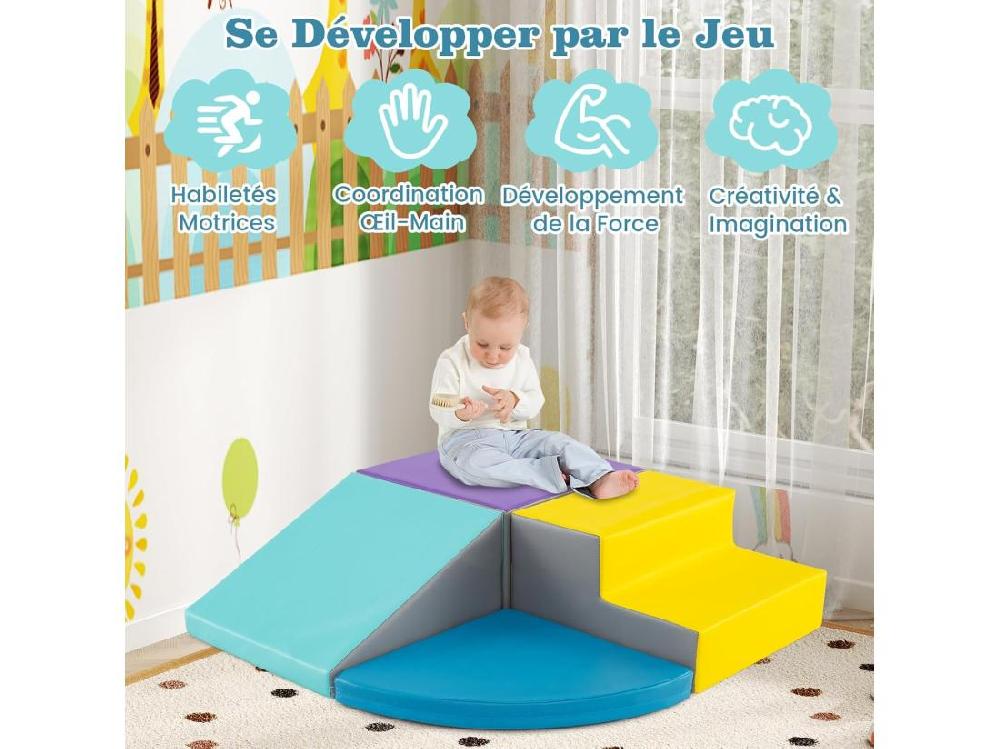 Vente Unique 4PCS Parcours Motricité Bébé En Mousse EPE Housse En PU Module Motricité Bébé Avec Toboggan & Différentes Formes Pour Enfants D'Âge Préscolaire Bleu+jaune