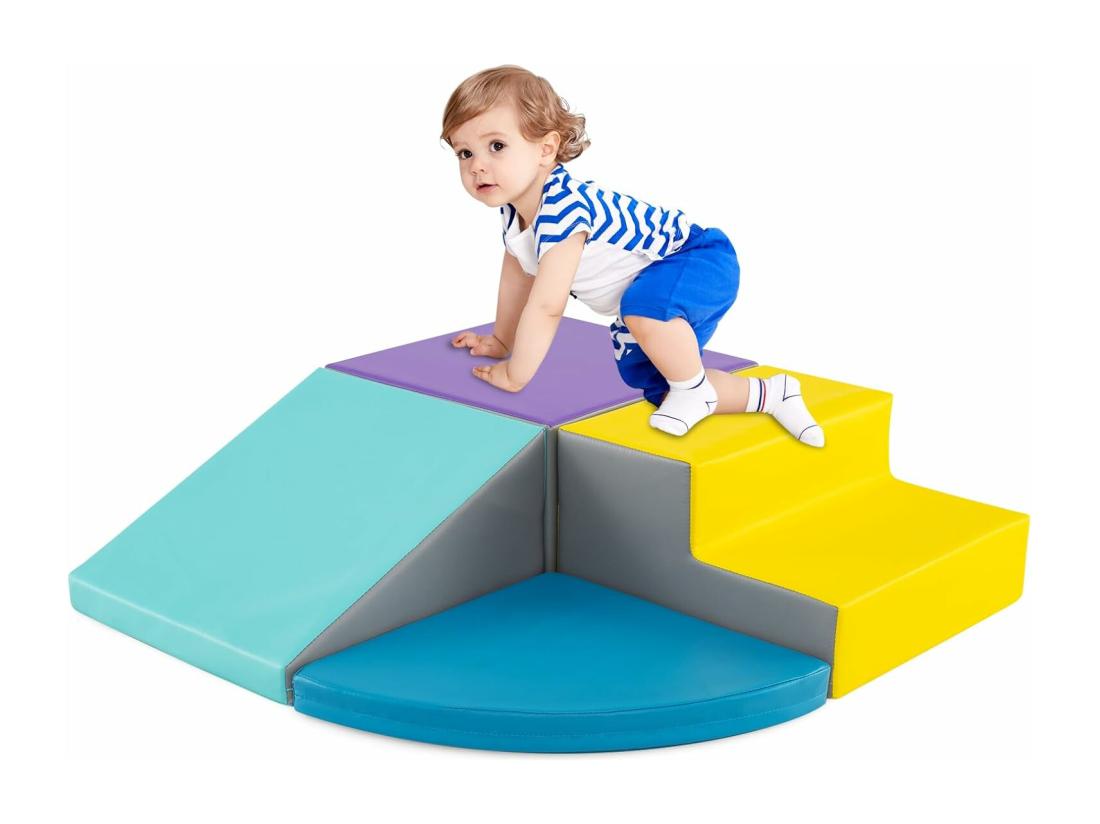 vente unique 4PCS Parcours Motricité Bébé en Mousse EPE Housse en PU Module Motricité Bébé avec Toboggan & Différentes Formes pour Enfants d'Âge Préscolaire Bleu+jaune