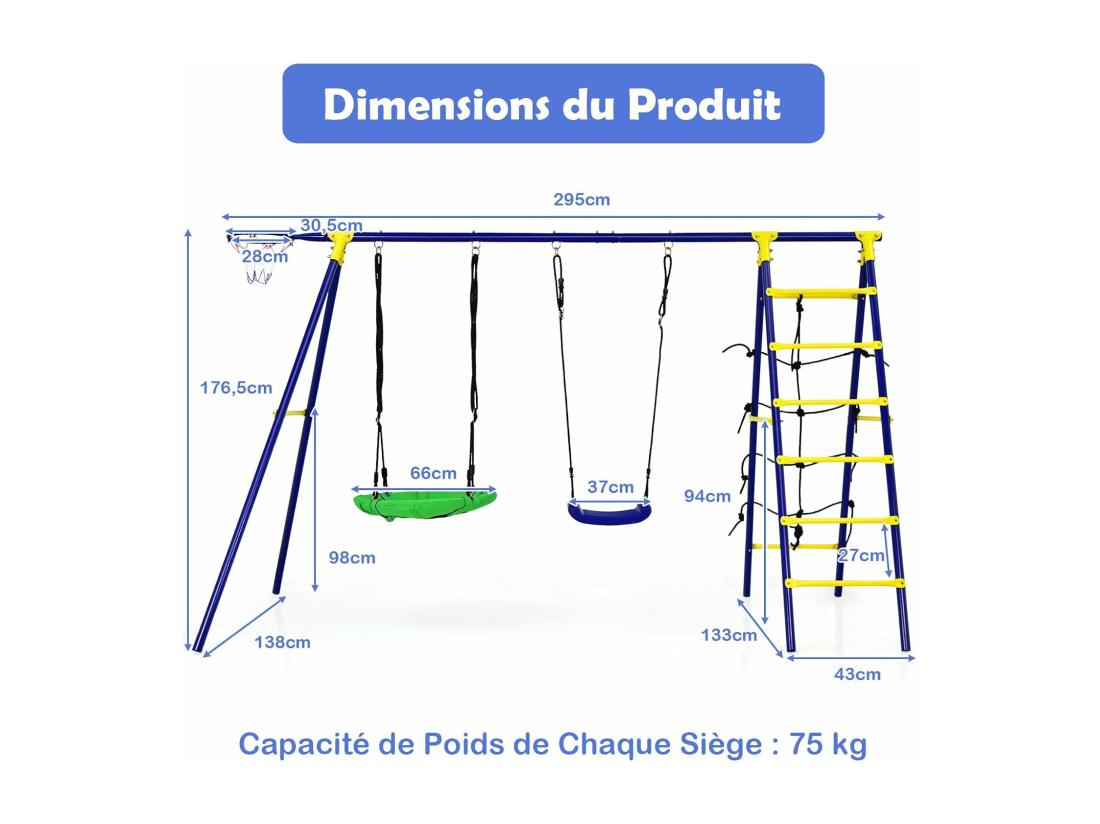 Vente Unique 5 En 1 Balançoire Enfants Extérieur Avec Panier De Basket Balançoire Nid D'Oiseau Ø66 Cm Et En U Avec Hauteur Réglable Filet & Echelle D’Escalade Charge 75kg Pour 3-12 Ans