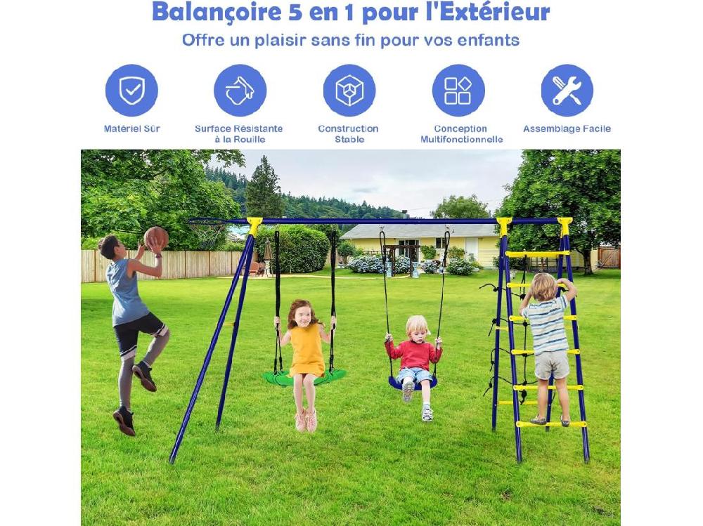 Vente Unique 5 En 1 Balançoire Enfants Extérieur Avec Panier De Basket Balançoire Nid D'Oiseau Ø66 Cm Et En U Avec Hauteur Réglable Filet & Echelle D’Escalade Charge 75kg Pour 3-12 Ans