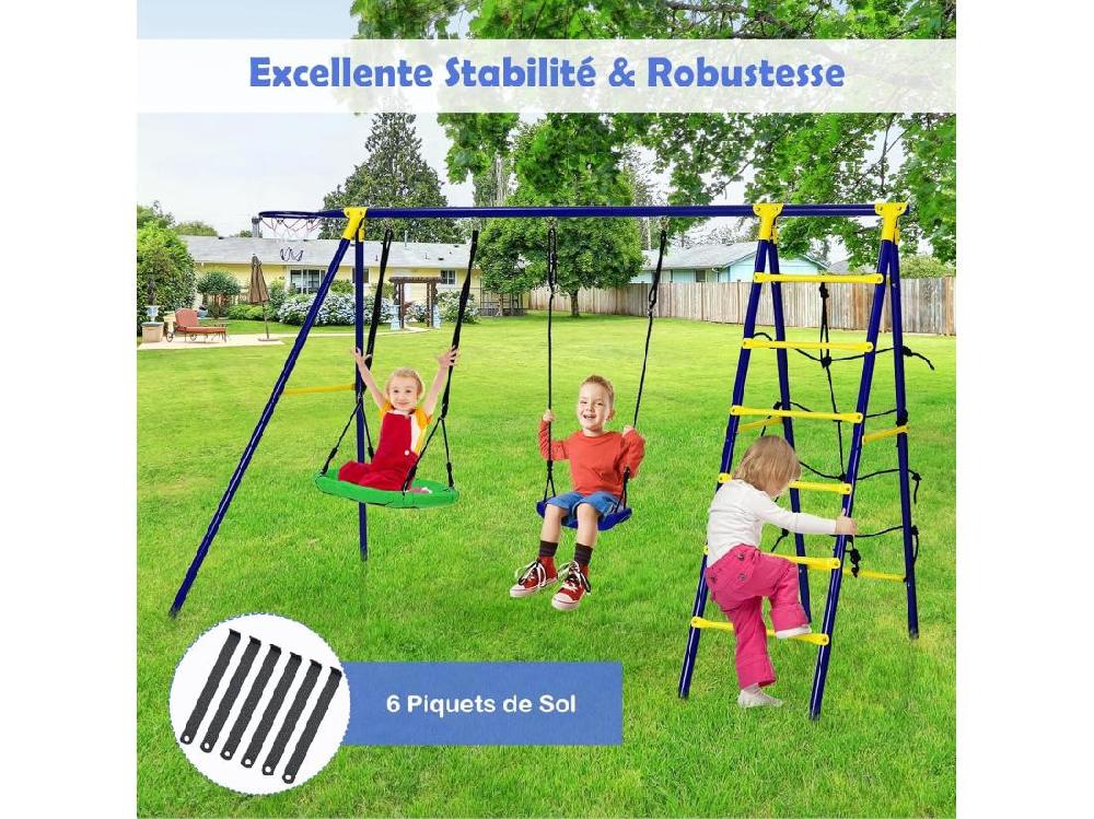 Vente Unique 5 En 1 Balançoire Enfants Extérieur Avec Panier De Basket Balançoire Nid D'Oiseau Ø66 Cm Et En U Avec Hauteur Réglable Filet & Echelle D’Escalade Charge 75kg Pour 3-12 Ans