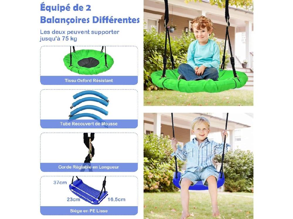 vente unique 5 en 1 Balançoire Enfants Extérieur avec Panier de Basket Balançoire Nid d'Oiseau Ø66 cm et en U avec Hauteur Réglable Filet & Echelle d’Escalade Charge 75kg pour 3-12 Ans