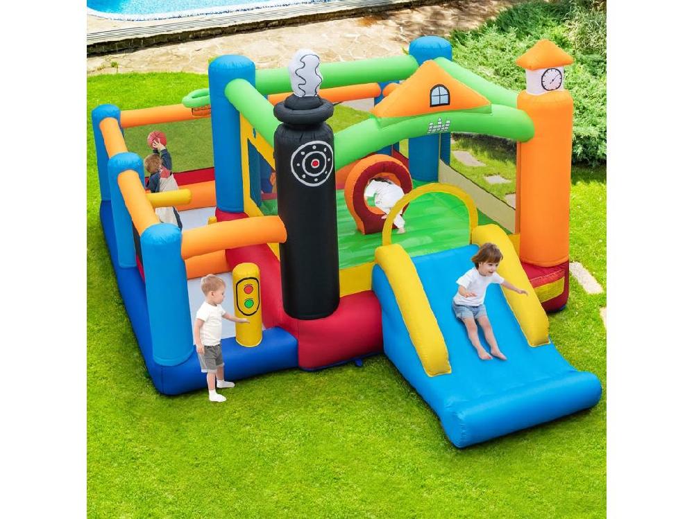 Vente Unique 5 En 1 Château Gonflable Avec Toboggan Aire De Jeux Gonflable Avec Thème De Train 3 Fosses à Balles Panier De Basketball 50 Balles Colorées (sans Souffleur)