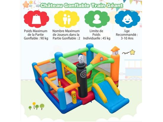 Vente Unique 5 En 1 Château Gonflable Avec Toboggan Aire De Jeux Gonflable Avec Thème De Train 3 Fosses à Balles Panier De Basketball 50 Balles Colorées (sans Souffleur)