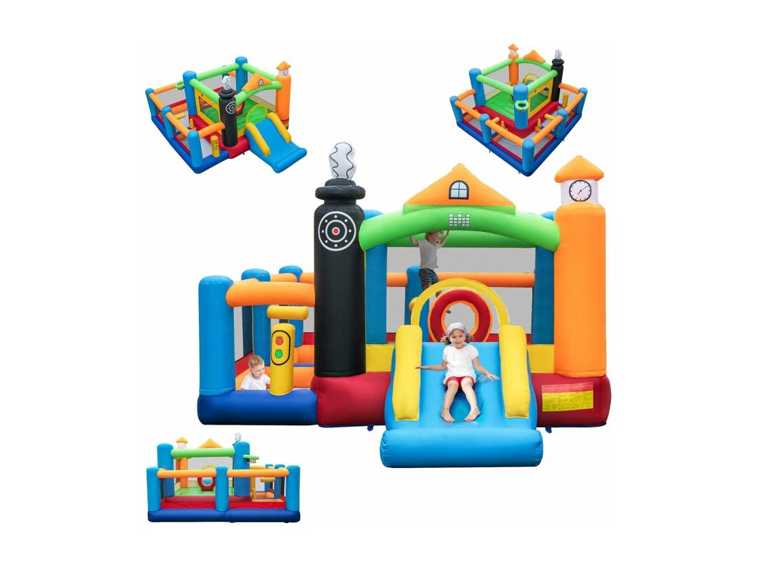 vente unique 5 en 1 Château Gonflable avec Toboggan Aire de Jeux Gonflable avec Thème de Train 3 Fosses à Balles Panier de Basketball 50 Balles Colorées (sans souffleur)