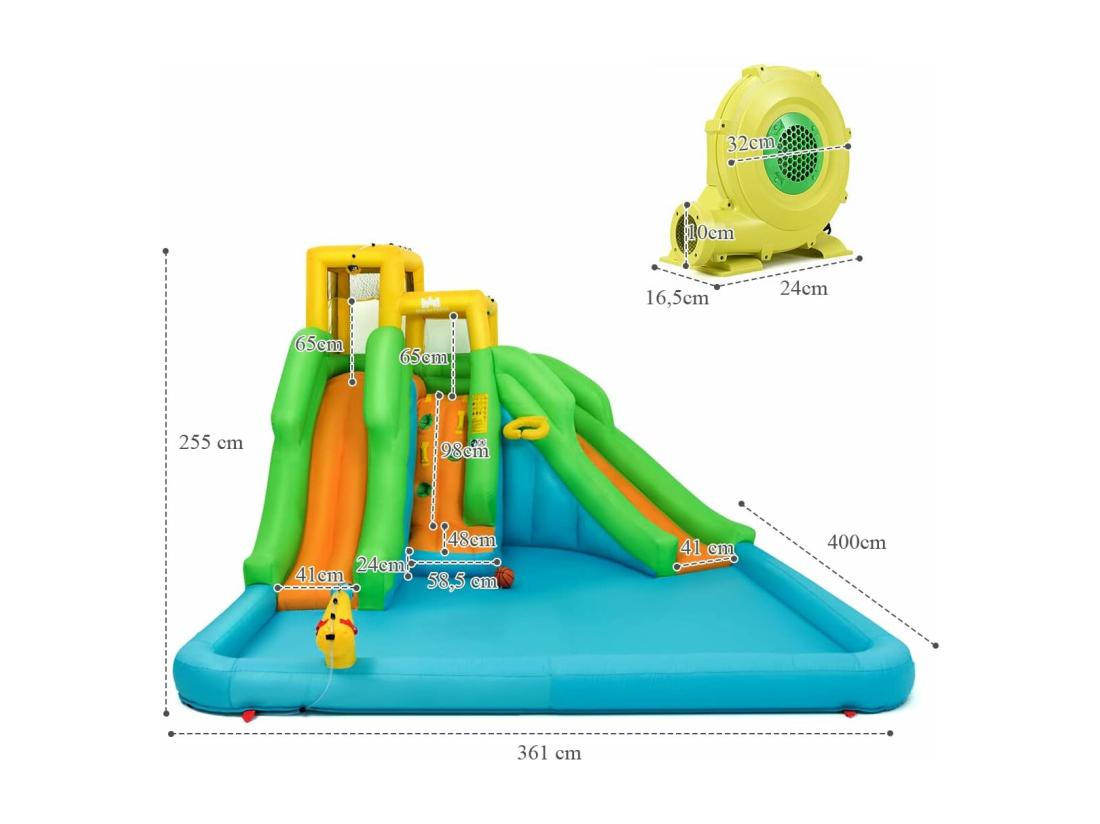 Vente Unique 5 En 1 Château Gonflable Enfants Avec Toboggan Double Parc Aquatique Gonflable Avec Mur D'Escalade Panier Piscine Canon à Eau Charge 159kg Pour 3 Enfants De 3-10 Ans (avec Souffleur 680W)