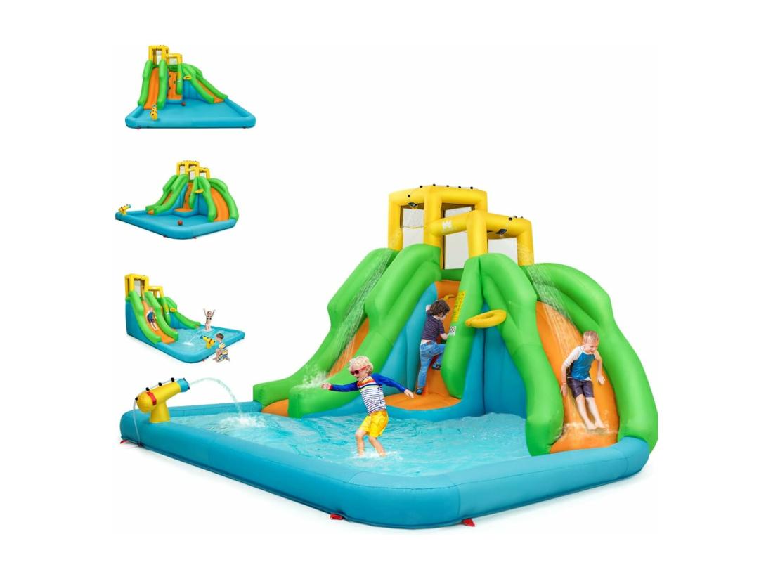 Vente Unique 5 En 1 Château Gonflable Enfants Avec Toboggan Double Parc Aquatique Gonflable Avec Mur D'escalade Panier Piscine Canon à Eau Charge 159kg Pour 3 Enfants De 3-10 Ans (sans Souffleur)