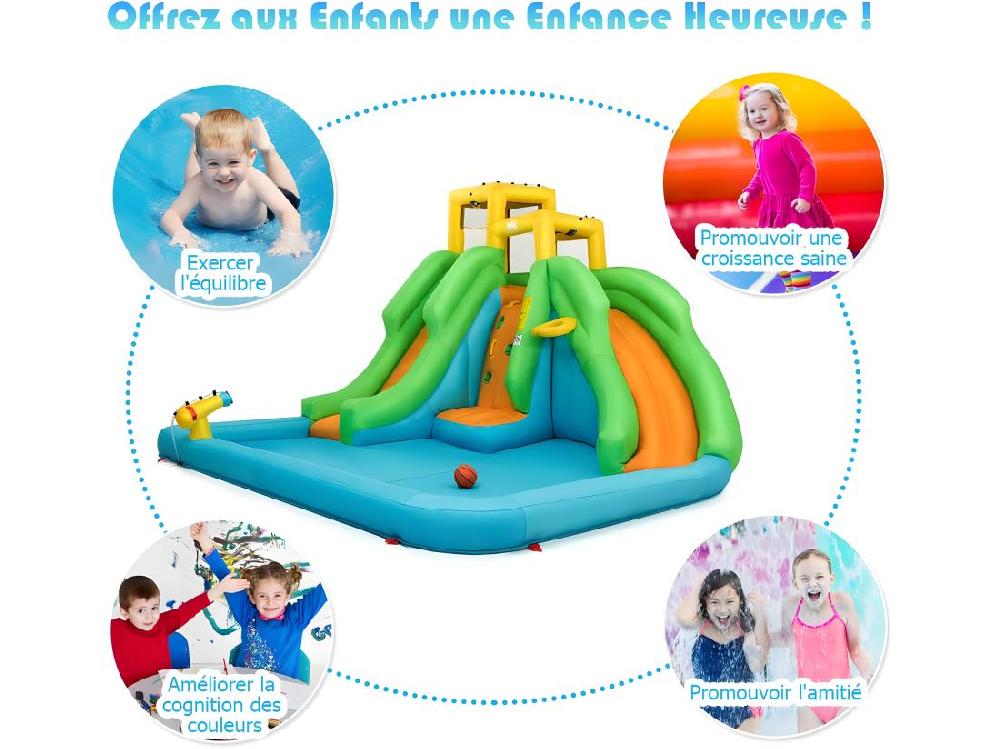 Vente Unique 5 En 1 Château Gonflable Enfants Avec Toboggan Double Parc Aquatique Gonflable Avec Mur D'escalade Panier Piscine Canon à Eau Charge 159kg Pour 3 Enfants De 3-10 Ans (sans Souffleur)