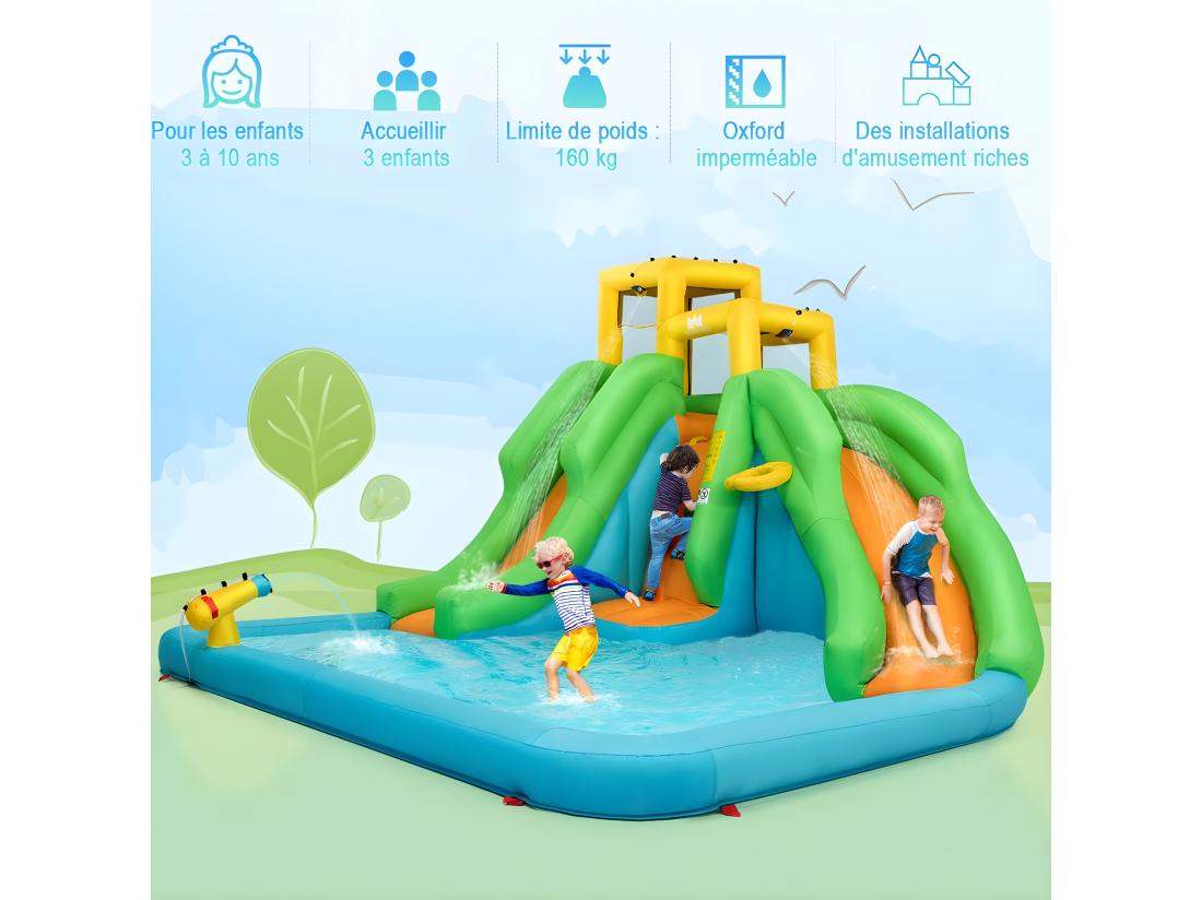 vente unique 5 en 1 Château Gonflable Enfants avec Toboggan Double Parc Aquatique Gonflable avec Mur d'escalade Panier Piscine Canon à Eau Charge 159kg pour 3 Enfants de 3-10 Ans (sans souffleur)