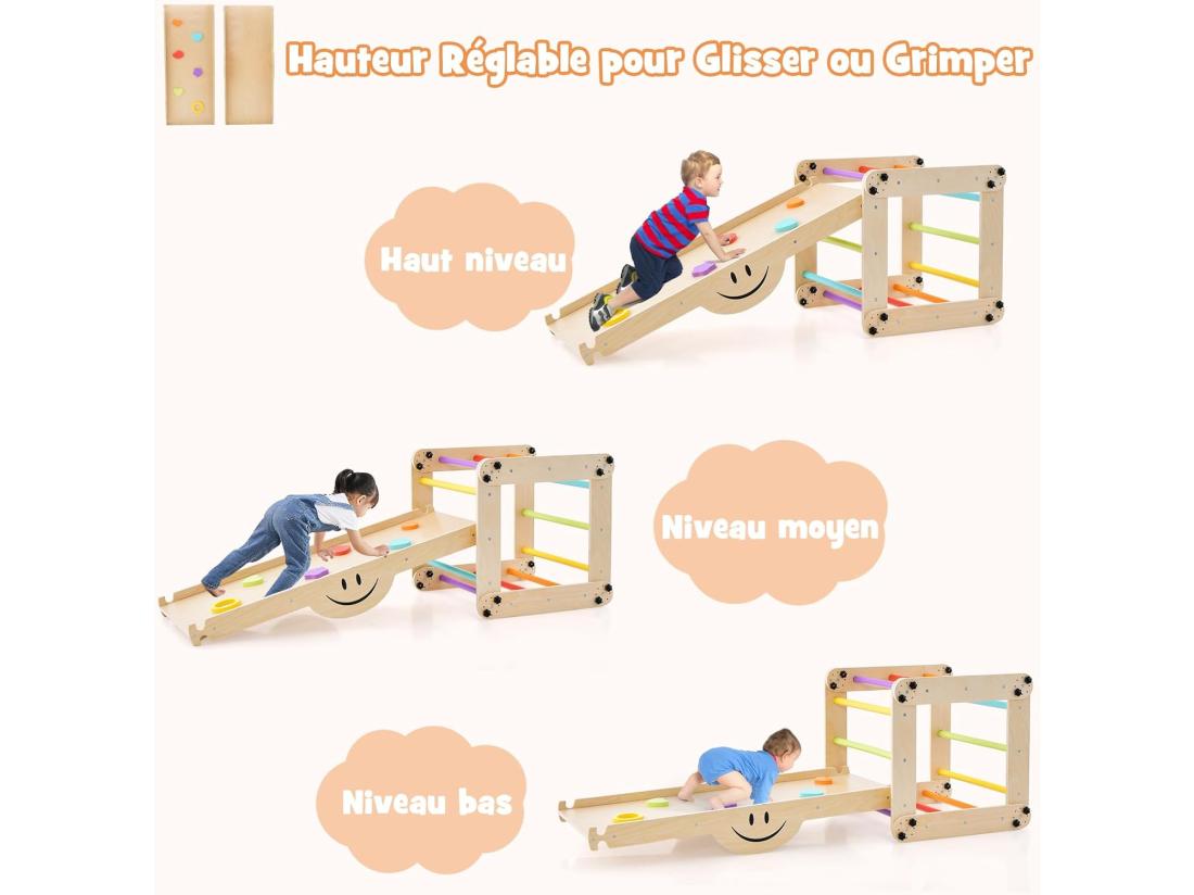 vente unique 5 en 1 Échelle d'escalade Montessori Enfants avec Rampe Double Face & Réglable Jouet d'escalade Pliable en Bois avec Toboggan & Bricolage Amusant Charge 60kg pour Tout-Petits de 3 Ans+
