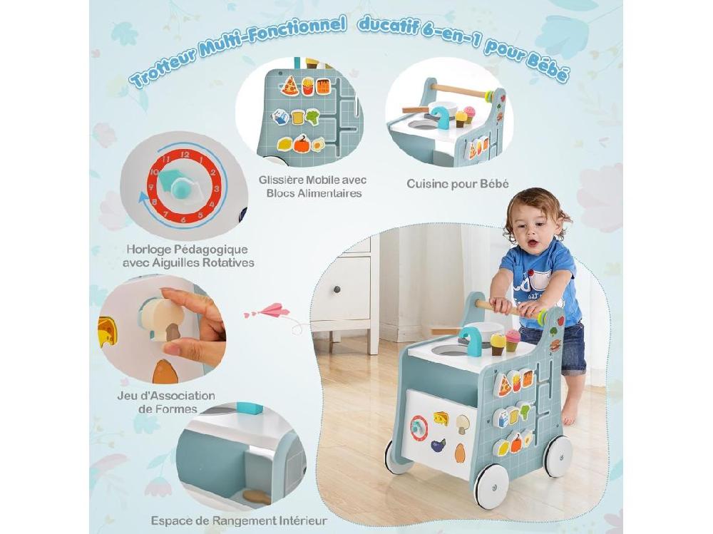 Vente Unique 6 En 1 Chariot De Marche En Bois Avec Thème De Cuisine & 9 Accessoires Marcheur D'Apprentissage Bébé Avec Tableau & Horloge Rangement Intérieur 12 Mois+