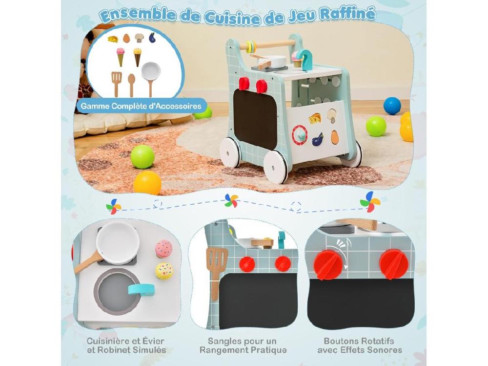 Vente Unique 6 En 1 Chariot De Marche En Bois Avec Thème De Cuisine & 9 Accessoires Marcheur D'Apprentissage Bébé Avec Tableau & Horloge Rangement Intérieur 12 Mois+