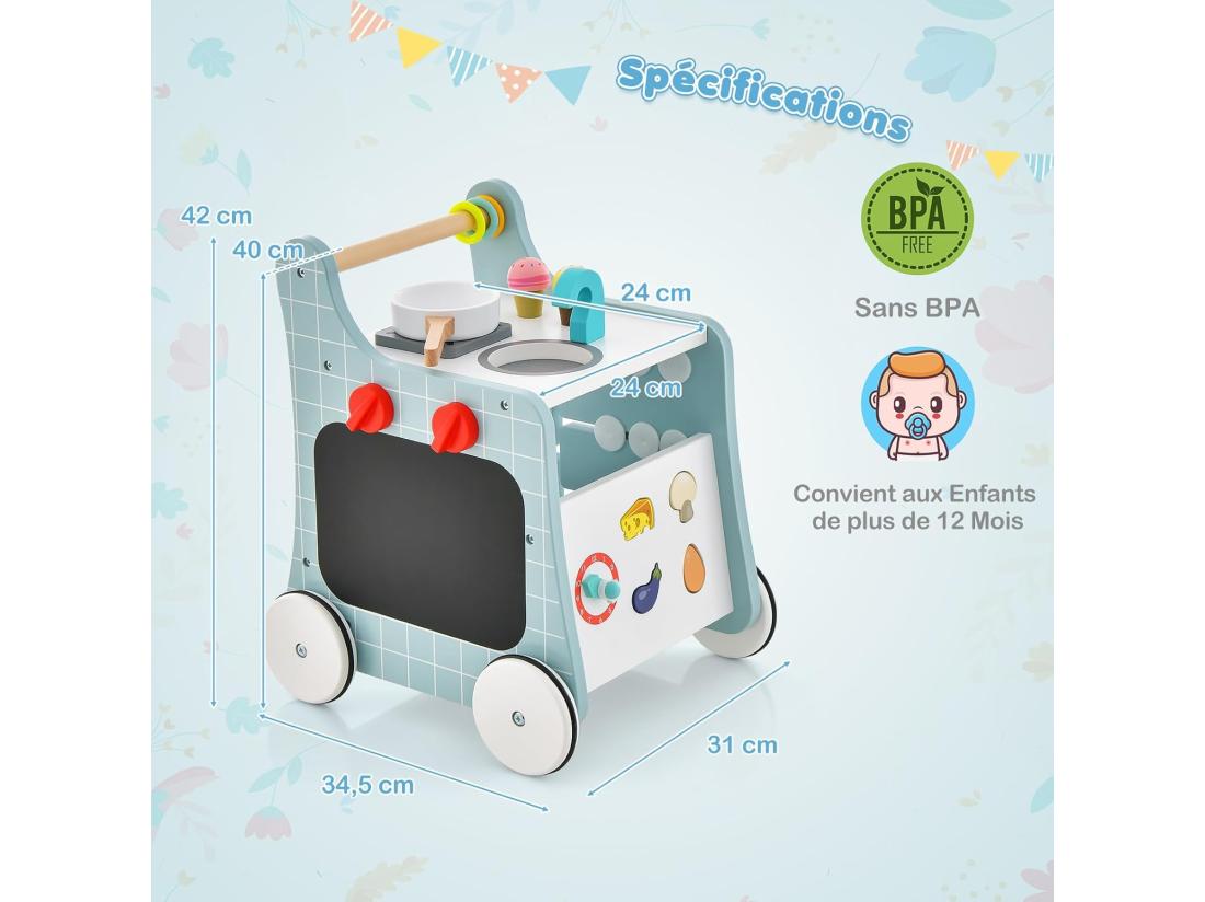 Vente Unique 6 En 1 Chariot De Marche En Bois Avec Thème De Cuisine & 9 Accessoires Marcheur D'Apprentissage Bébé Avec Tableau & Horloge Rangement Intérieur 12 Mois+